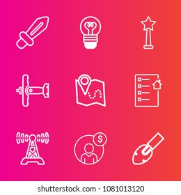 Premium set with outline vector icons. Such as station, music, real, bulb, knight, shovel, document, war, weapon, electric, military, technology, money, medieval, map, estate, electricity, lamp, radio