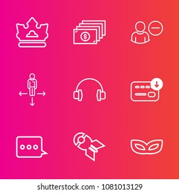 Premium set with outline vector icons. Such as king, music, luxury, coin, cash, party, road, bag, delete, nuclear, web, royal, carnival, bank, arrow, map, business, sound, message, audio, travel, bomb