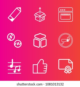 Premium set with outline vector icons. Such as drawing, diploma, cooking, house, office, package, cigarette, achievement, web, currency, find, kitchen, oven, delivery, cash, music, unpacking, sign, no