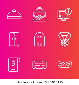 Premium set with outline vector icons. Such as sale, fashion, background, fear, interior, desktop, computer, win, trip, baggage, halloween, masquerade, ticket, celebration, award, object, cabinet, bag