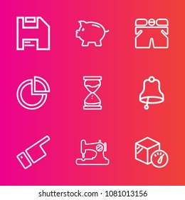 Premium set with outline vector icons. Such as clock, chart, finance, package, economy, pie, direction, bank, sew, computer, weight, showing, clothing, machine, shorts, hour, template, money, business