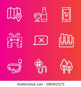 Premium set with outline vector icons. Such as technology, online, drink, navigation, kite, environment, landscape, app, map, pin, extreme, phone, joy, alcohol, travel, atv, sky, tree, glass, research
