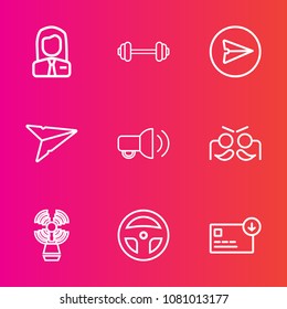 Premium set with outline vector icons. Such as exercise, sack, laboratory, web, fit, bag, sea, man, festival, employer, celebration, job, money, beacon, email, work, message, lighthouse, carnival, gym