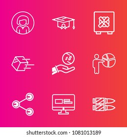 Premium set with outline vector icons. Such as bullet, young, beautiful, student, business, package, finance, achievement, girl, money, dollar, delivery, academic, pretty, share, portrait, lady, face