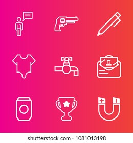 Premium set with outline vector icons. Such as tin, achievement, handgun, business, tap, faucet, message, mail, communication, bathroom, pen, award, pencil, metal, gun, place, girl, science, chat, can