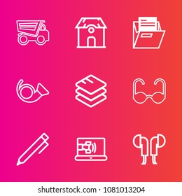 Premium set with outline vector icons. Such as glasses, transport, business, property, musical, communication, truck, technology, estate, pencil, data, sunglasses, blank, hand, internet, folder, jazz