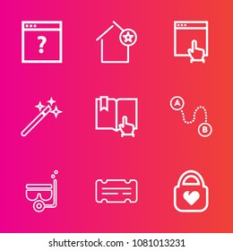 Premium set with outline vector icons. Such as sea, entertainment, text, water, page, point, book, apartment, snorkel, travel, fashion, building, coupon, arrow, object, miracle, bag, ticket, magic