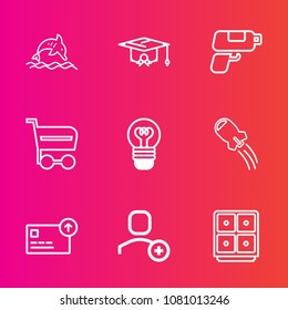 Premium set with outline vector icons. Such as blue, college, lamp, water, achievement, money, bulb, shop, market, web, bank, account, dolphin, trolley, ocean, student, safe, finance, gun, technology