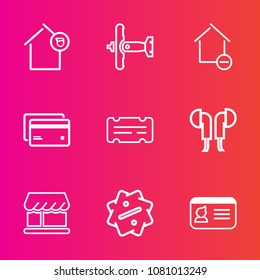Premium set with outline vector icons. Such as house, white, technology, money, banking, audio, loan, business, air, transport, aircraft, airplane, card, aviation, sound, shop, music, estate, discount