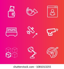 Premium set with outline vector icons. Such as bed, trumpet, wallet, male, electricity, profile, military, cardboard, jazz, business, aircraft, internet, double, interior, package, brass, replacement