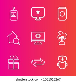 Premium set with outline vector icons. Such as container, real, palm, aluminum, search, tv, computer, replacement, channel, estate, video, box, replace, setting, hospital, technology, control, doctor