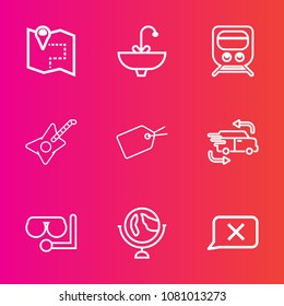 Premium set with outline vector icons. Such as sea, global, transportation, bathroom, navigation, chrome, world, sink, chat, planet, glass, business, map, station, train, mask, location, globe, guitar