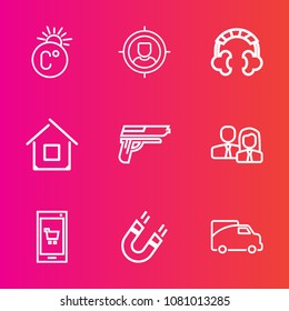 Premium set with outline vector icons. Such as architecture, weather, app, online, sound, field, pistol, vehicle, staff, marketing, magnetic, fahrenheit, scale, temperature, people, gun, worker, van