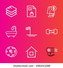 Premium set with outline vector icons. Such as game, beach, gambling, internet, technology, casino, female, concept, communication, building, risk, supermarket, house, blue, paper, data, workout, lamp