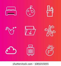 Premium set with outline vector icons. Such as white, double, france, baggage, box, galaxy, astronaut, rubbish, furniture, hotel, business, travel, garbage, airport, trash, temperature, tower, musical
