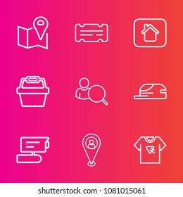 Premium set with outline vector icons. Such as house, paper, online, object, window, show, navigation, property, entertainment, home, city, fashion, gps, record, computer, theater, tshirt, event, hat