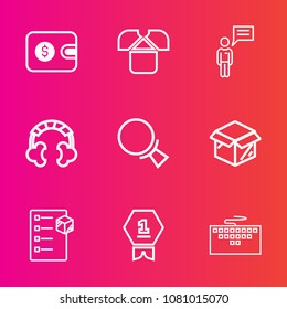 Premium set with outline vector icons. Such as achievement, audio, technology, shirt, cardboard, magnifying, pay, award, laptop, person, front, purse, white, tshirt, delivery, computer, sound, work