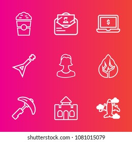 Premium set with outline vector icons. Such as cappuccino, technology, notebook, mail, picking, airplane, tree, crane, restaurant, coffee, construction, human, industry, letter, environment, espresso