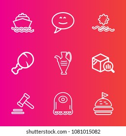 Premium set with outline vector icons. Such as business, courthouse, report, landscape, blue, speech, chat, snack, bubble, sandwich, chicken, trend, alien, character, sunrise, tomato, monster, jug