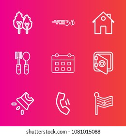 Premium set with outline vector icons. Such as property, america, projection, restaurant, cell, home, day, banking, security, real, hit, bowling, video, dinner, nature, safe, plant, environment, trunk