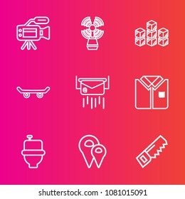 Premium set with outline vector icons. Such as storehouse, letter, shirt, sea, road, skater, seamark, industrial, media, television, video, microphone, light, hammer, professional, movie, digital, wc