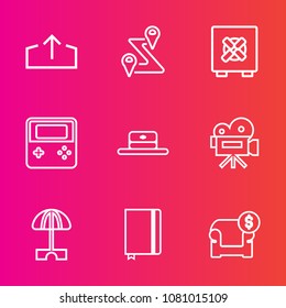 Premium set with outline vector icons. Such as hat, summer, head, map, bank, fashion, road, interior, lock, travel, modern, sun, sign, tripod, video, navigation, technology, paper, security, notebook