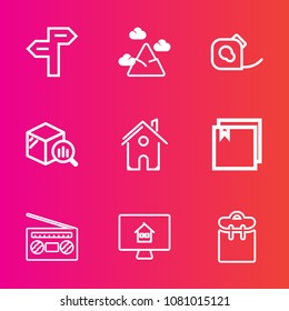 Premium set with outline vector icons. Such as arrow, record, estate, people, electrical, web, landscape, sign, audio, choice, property, report, top, direction, statistic, radio, trend, road, peak