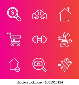 Premium set with outline vector icons. Such as screen, construction, house, retail, home, fun, sport, internet, celebration, website, concept, movie, cart, property, workout, find, party, apartment