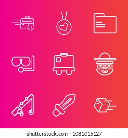 Premium set with outline vector icons. Such as airport, technology, diving, office, baggage, blank, sitting, luggage, desk, rod, reel, equipment, sport, shipping, cartoon, fashion, knight, happy, mask