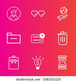 Premium set with outline vector icons. Such as cargo, shipping, timer, modern, idea, trash, clock, storage, male, box, white, vision, man, boy, package, business, currency, file, delivery, sun, people