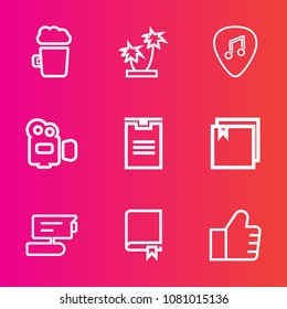 Premium set with outline vector icons. Such as internet, record, coconut, file, bar, tv, pint, lager, white, pub, web, shipping, nature, summer, guitar, encyclopedia, camera, natural, mug, beer, tree