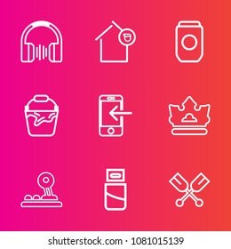 Premium set with outline vector icons. Such as mortgage, device, button, earphone, aluminum, technology, property, estate, owner, audio, cable, house, canoe, crown, stereo, loan, equipment, container