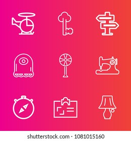Premium set with outline vector icons. Such as aviation, doorknob, id, antique, switch, door, bulb, lock, fan, air, card, transportation, hanger, vintage, helicopter, fly, rescue, sewing, electric