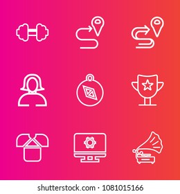 Premium set with outline vector icons. Such as navigation, physical, barbell, girl, computer, technology, workout, sport, compass, beauty, face, location, lady, gramophone, vintage, win, tshirt, route