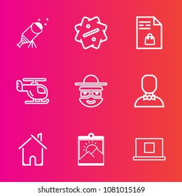 Premium set with outline vector icons. Such as dark, tag, happy, market, discount, star, watching, transport, cartoon, air, sale, building, science, home, sky, sign, web, picture, night, grocery, list
