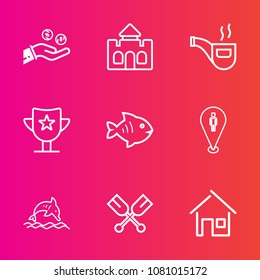 Premium set with outline vector icons. Such as pipe, location, water, oar, food, home, house, reward, success, currency, finance, hand, fish, boat, cash, map, money, win, building, classic, castle