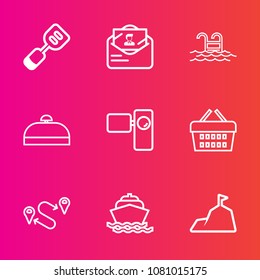 Premium set with outline vector icons. Such as cook, camera, sign, blue, envelope, position, luggage, sky, kitchen, swimming, suitcase, ocean, sale, boat, travel, sea, retro, post, water, nature, bag