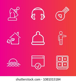 Premium set with outline vector icons. Such as instrument, head, hand, people, house, audio, listen, money, page, home, solar, key, sound, landscape, sign, system, white, nature, sunrise, estate, cap