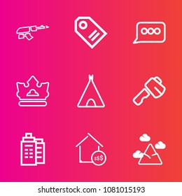 Premium set with outline vector icons. Such as landscape, outdoor, message, axe, hammer, camp, building, royal, assault, weapon, chat, nature, bubble, discount, sale, estate, crown, house, tool, tent