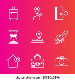 Premium set with outline vector icons. Such as location, navigation, baggage, owner, time, sign, pointer, home, travel, style, hour, direction, journey, web, escape, rocket, space, hourglass, clock