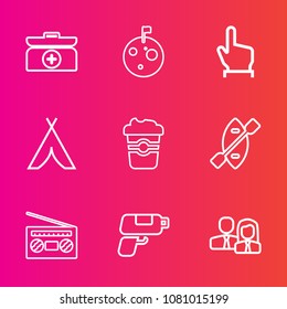 Premium set with outline vector icons. Such as kit, cup, outdoor, travel, box, radio, cross, tent, moon, pistol, gun, business, help, sound, drink, click, first, finger, team, camp, adventure, music