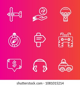 Premium set with outline vector icons. Such as quad, north, luggage, finance, fly, price, financial, military, east, sky, aircraft, plane, direction, transport, square, extreme, dirt, compass, money