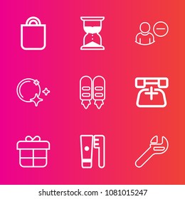 Premium set with outline vector icons. Such as watch, repair, timer, phone, minute, decoration, moon, time, equipment, night, spanner, call, hour, present, flow, giving, clean, countdown, care, gift, 