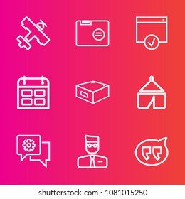 Premium set with outline vector icons. Such as empty, event, travel, technology, object, air, user, message, blank, open, timetable, day, folder, paper, bubble, transportation, mobile, internet, page