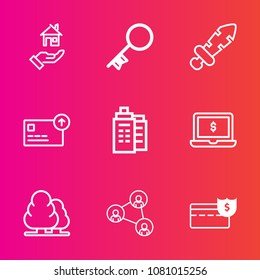 Premium set with outline vector icons. Such as bank, medieval, business, buy, coin, estate, real, security, blade, landscape, laptop, money, house, display, safe, unlock, sign, communication, sword