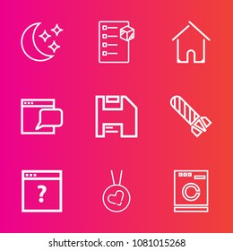 Premium set with outline vector icons. Such as computer, chat, housework, moonlight, transport, delivery, business, package, machine, danger, box, background, appliance, sky, necklace, shipping, home