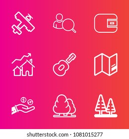 Premium set with outline vector icons. Such as estate, landscape, white, home, web, nature, finance, cash, search, internet, tree, wallet, coin, flight, purse, aircraft, music, business, payment, air