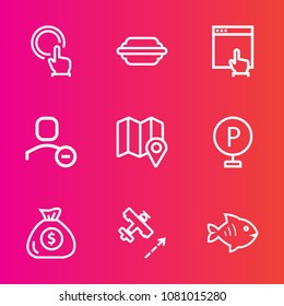 Premium set with outline vector icons. Such as urban, car, bun, touch, user, plane, flight, lot, travel, website, hand, press, click, tomato, delete, aircraft, financial, meal, location, internet, pin