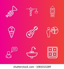 Premium set with outline vector icons. Such as jazz, instrument, sound, music, sink, trumpet, tap, safe, finance, construction, big, london, equipment, drill, food, water, guitar, tower, faucet, cream
