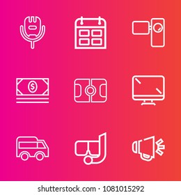 Premium set with outline vector icons. Such as tripod, singer, football, bus, sing, entertainment, karaoke, speaker, sea, soccer, song, cash, time, video, camera, digital, snorkel, summer, bank, mask